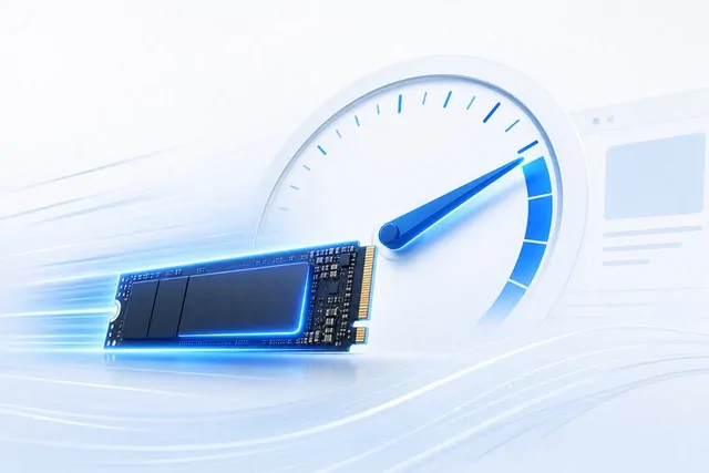 Ilustrație cu un SSD NVMe M.2 și un vitezometru cu acul în zona maximă