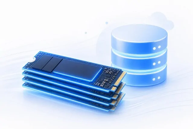 Ilustrație cu mai multe SSD-uri NVMe stivuite lângă o bază de date