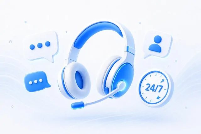 Ilustrație cu căști cu microfon, bule de chat și un ceas 24/7