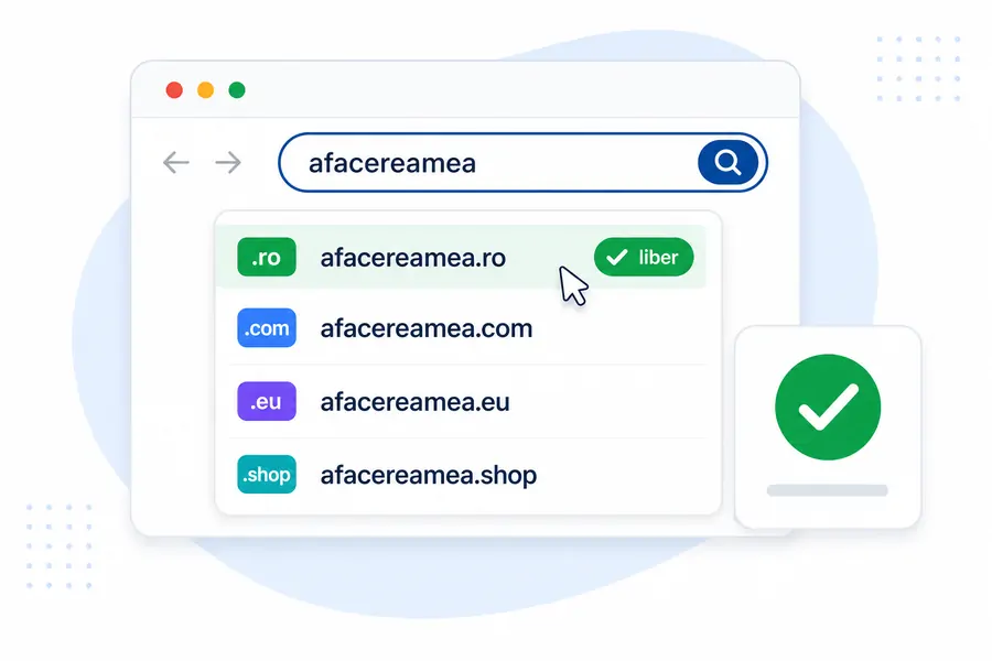 Ilustrație cu o căutare de domeniu într-o fereastră de browser, unde varianta .ro apare bifată ca liberă