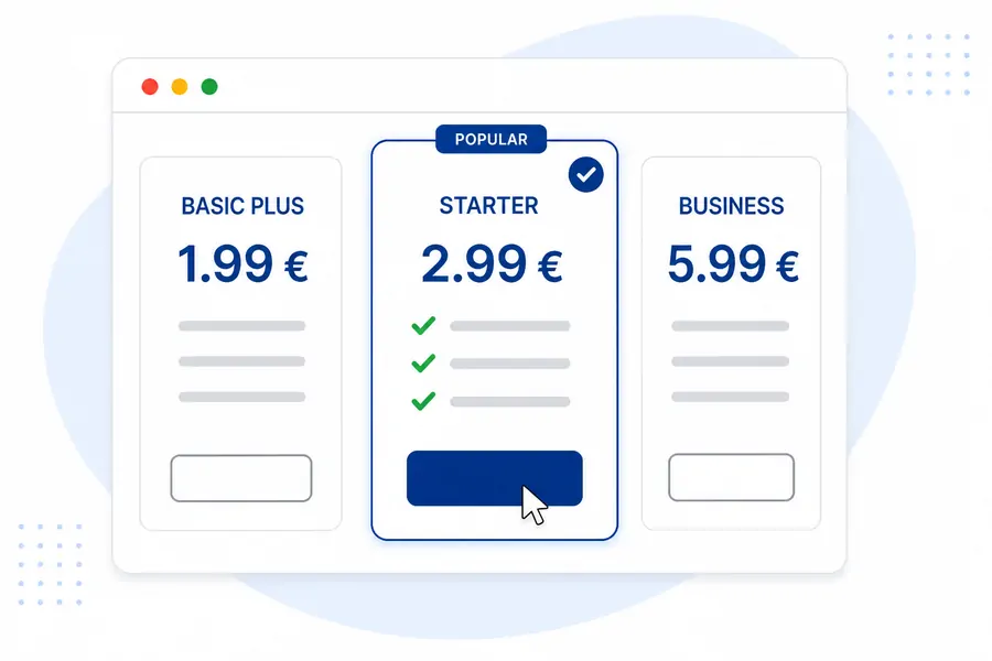Ilustrație cu trei pachete de găzduire alăturate, cu pachetul Starter marcat ca popular și selectat