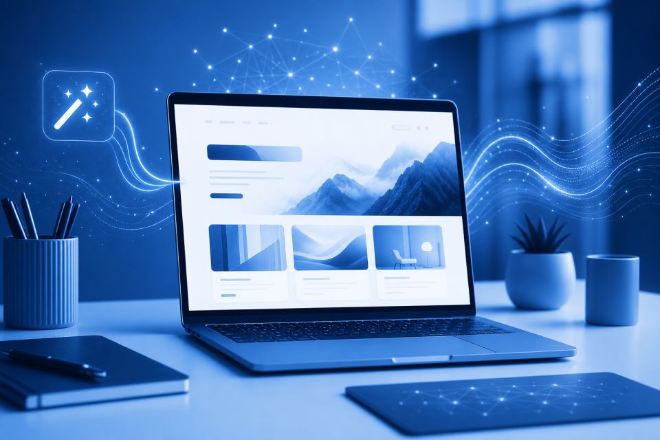 AI Website Builder HOSTGATE — site web generat automat pe laptop