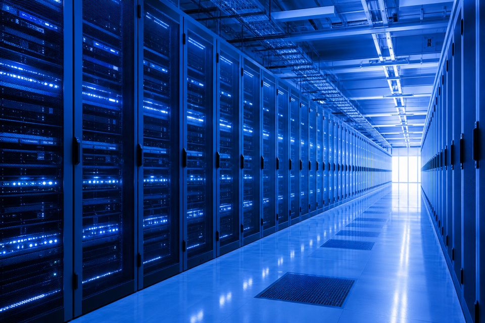 Sală datacenter HOSTGATE cu rânduri de rack-uri — colocare servere