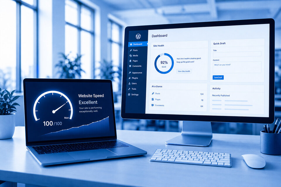 Laptop cu test de viteză 100/100 și monitor cu dashboard WordPress — găzduire WordPress HOSTGATE