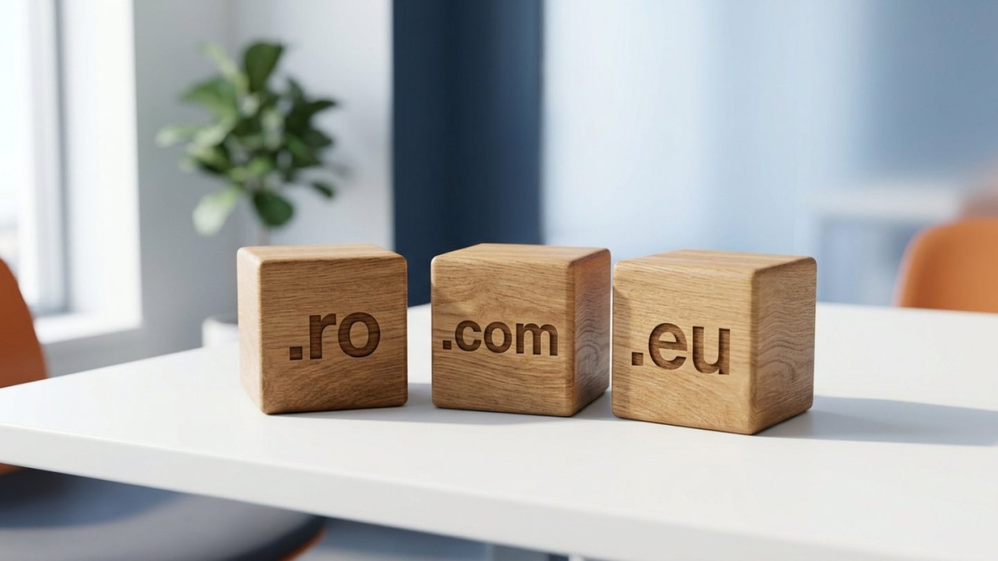 Trei cuburi de lemn așezate pe un birou modern, marcate cu extensiile de domeniu .ro, .com și .eu, simbolizând alegerea strategică a identității online.