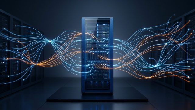 Server rack modern într-un datacenter procesând fluxuri de date reprezentate prin linii luminoase de conexiune
